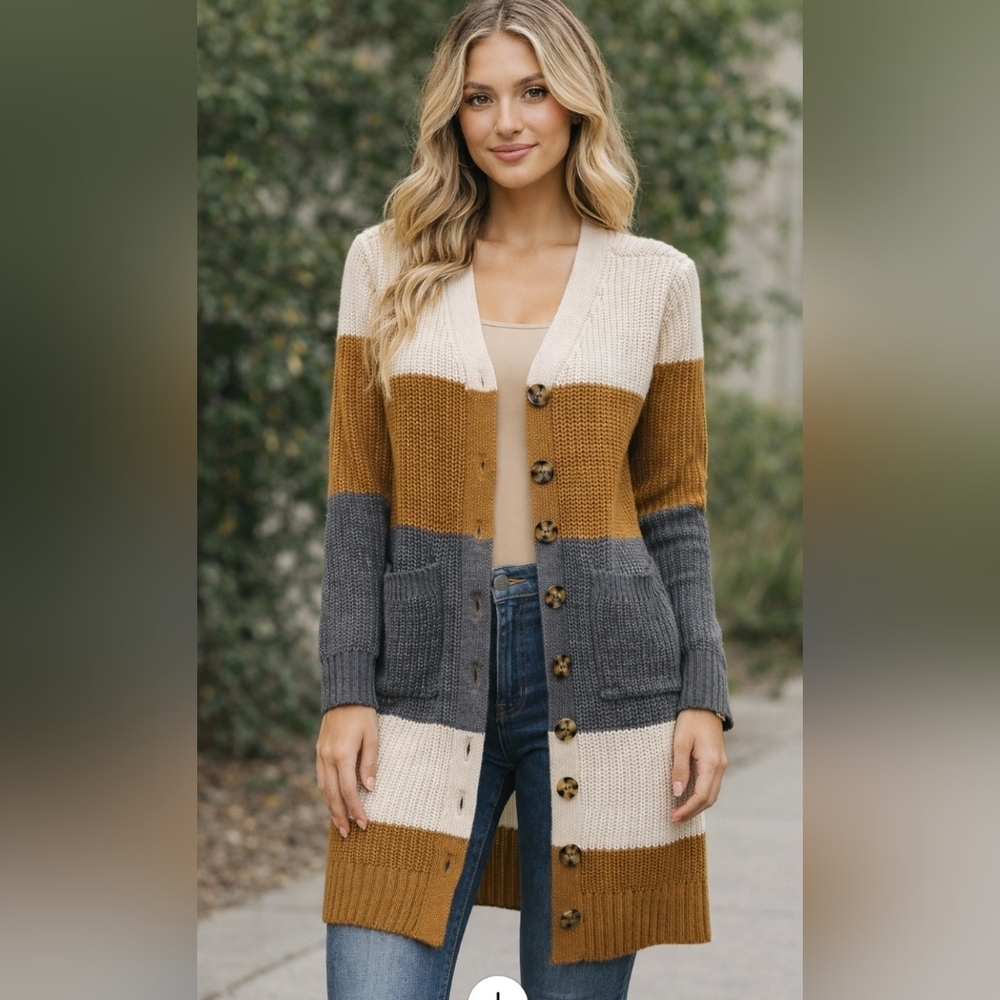 Olive & Oak Striped Long Cardigan in Cream, Mustard & Gray
